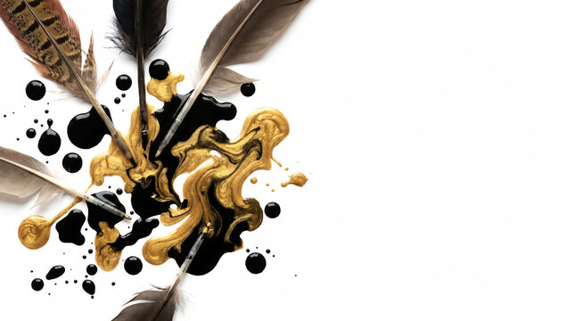 Black ink droplets and metallic gold ink swirls with feather quills on the left of a white background with copy space