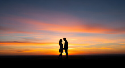 Fototapeta premium A silhouette of a couple holding hands against a vibrant orange and purple sunset sky
