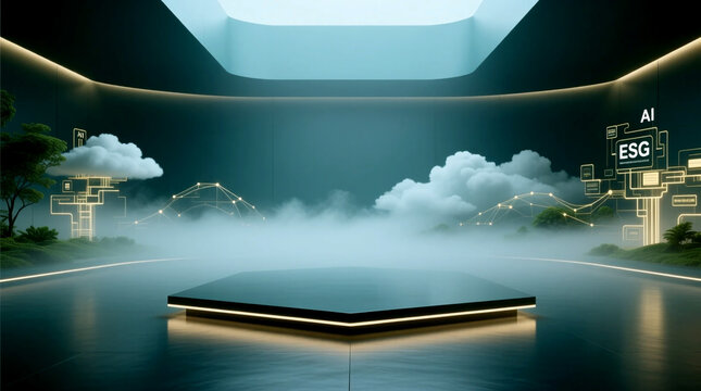 Atmospheric visualization of eco digital transformation integrating AI cloud ecosystems and ESG with nature on central platform symbolizing sustainable enterprise growth