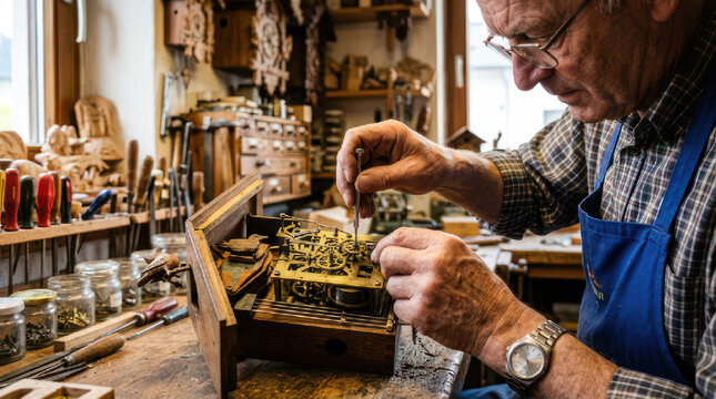 Clockmaker meticulously repairs intricate clock mechanism with precision tools.