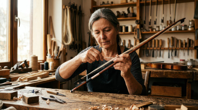 Closeup of a violin bow being repaired by a luthier.