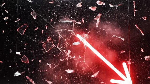 Red light strikes glass causing it to shatter and scatter. Dark background enhances effect of breakage. Concept of design, marketing, entertainment