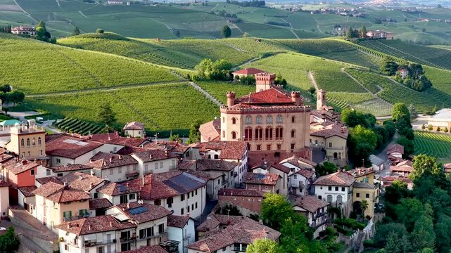 Aerial View of Barolo Village and Castle in Piedmont Italy