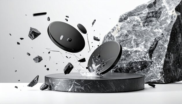 Polished obsidian discs shattering upon impact against a heavy granite slab in a cinematic widescreen display, showcasing high speed collision and raw geological force for dramatic visual effect.