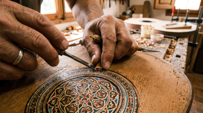 Closeup of guitar maker carefully inlaying intricate rosette design.