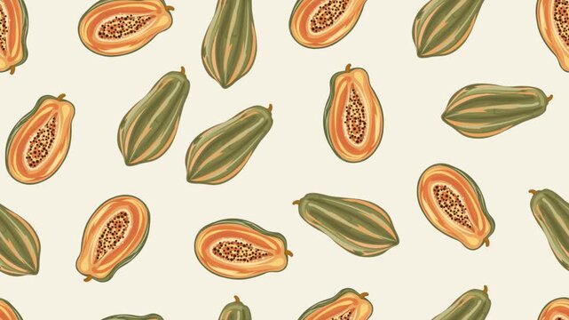 Animated papaya seamless pattern video with tropical fruit illustration for decorative motion backgrounds.