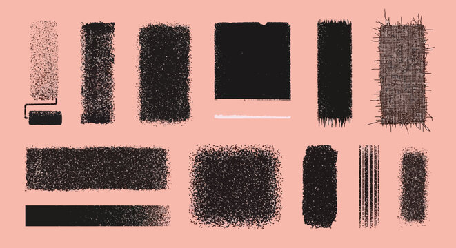 Set of rough, textured brush strokes and paint roller patterns in black on a soft background, perfect for adding artistic grunge and distressed effects to any creative visual project