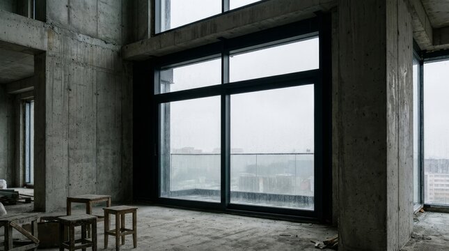 Modern large window in unfinished concrete building interior, light and shadow