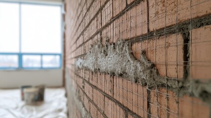 Obraz premium Close-up of brick wall restoration with mortar being applied on metal mesh in unfinished interior construction site with blurred tools and window in background