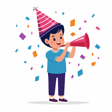 Boy in Party Hat Blowing Horn with Confetti