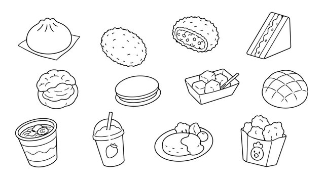 Japanese konbini food set vector line art featuring bento, rice ball, sandwich, melon pan, drink, curry bread, dessert, dumplings, fried chicken, and steamed bun. Cute hand drawn convenience store mea