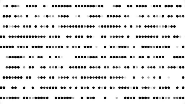 Minimalist monochrome dots shifting from gray to black and moving right on a clean white background, resembling retro computing data cards 
