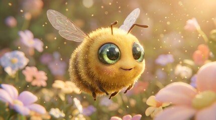 Fototapeta premium Adorable Cartoon Bee in a Floral Meadow