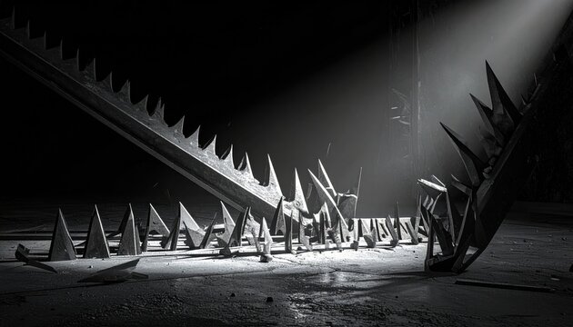 Jagged iron shrapnel scattered across a dark concrete floor, showcasing sharp metal edges and dramatic light casting long shadows in a cinematic wide composition ideal for conceptual background.