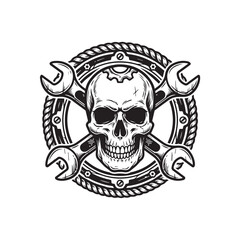 Fototapeta premium Vintage skull emblem with crossed wrenches and industrial gear.