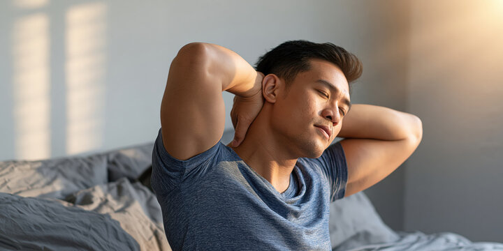 Young Man Stretching and Relieving Neck Pain in Bright Room