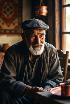 Elderly Turkish Grandfather with White Beard Sitting in Traditional Village House, Warm Nostalgic Portrait
