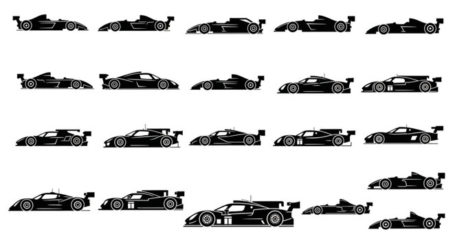 Collection of racing car silhouettes in various dynamic poses.