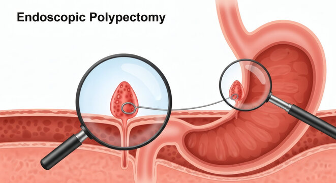 Endoscopic Polypectomy Medical Illustration for Stomach Polyp Removal