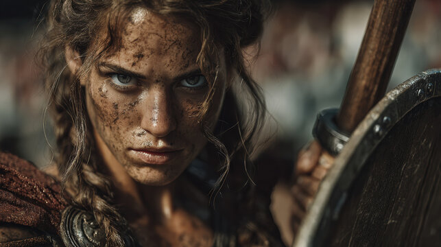 Fierce warrior woman with muddy face holding shield in epic battle dramatic cinematic portrait closeup
