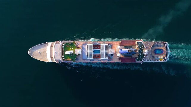 Aerial overhead tracking view of a cruise ship traveling over ocean during sunset time