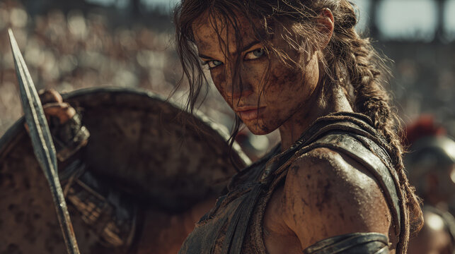 Female gladiator warrior with sword and shield standing in ancient arena crowd epic cinematic portrait