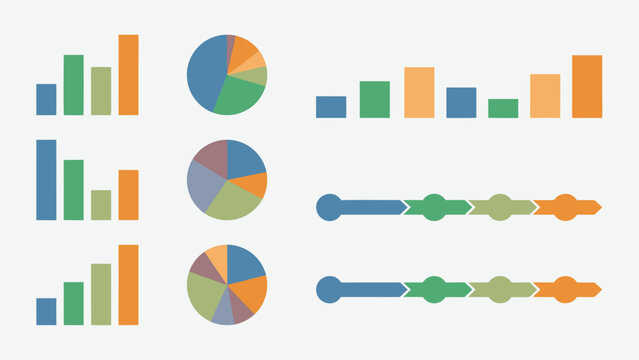 Minimal business infographic elements set featuring colorful bar charts, pie charts, and process timelines in simple shapes for professional data visualization, reports, and presentations.