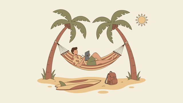 Digital Nomad Working on Tablet While Relaxing in a Hammock Between Two Palm Trees on a Tropical Beach, Freelancer Lifestyle Concept with Surfboard and Backpack Flat Vector Illustration