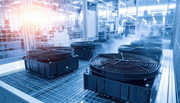 Industrial cooling fans blowing air across hot plastic molded units to ensure rapid structural hardening in a manufacturing facility, representing advanced automated production technology processes.