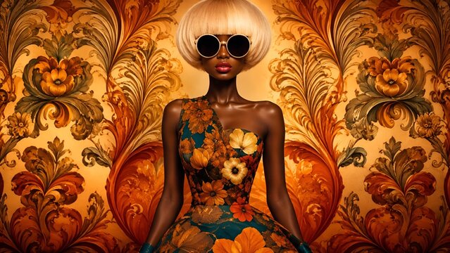 Glamorous fashion portrait with floral backdrop