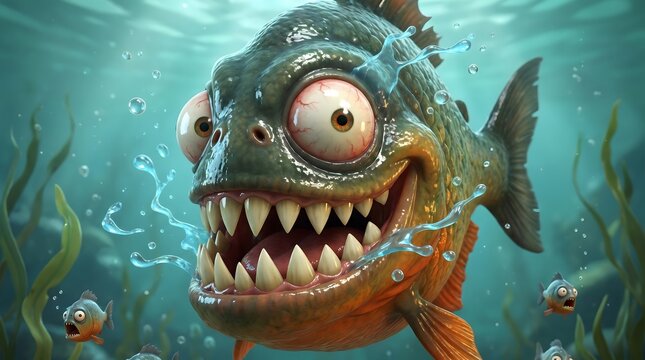Cartoon Piranha with Big Teeth and Bug Eyes