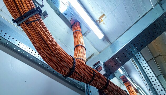 Industrial copper wiring harnesses organized with black plastic cable ties and routed through perforated steel tray systems, highlighting complex electrical installation in a modern facility.