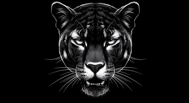 Stylized black and white illustration of a panther face with an intense gaze on a solid black background