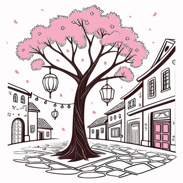 street scene with flowering tree and buildings flat vector illustration