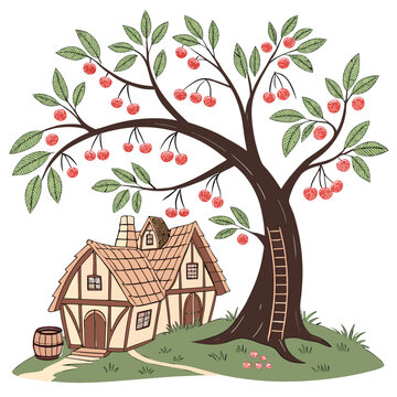 Cherry tree and cottage illustration whimsical fairytale scene