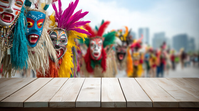 Vibrant Festima masks on a wooden table at a lively city celebration