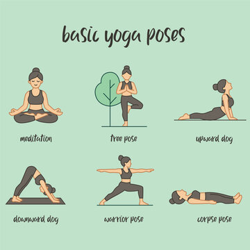 Basic Yoga Poses Vector Illustration Set. Cute Cartoon Woman Practicing Meditation, Tree Pose, Upward Dog, Downward Dog, Warrior, and Corpse Pose. Healthy Lifestyle Infographic Concept.
