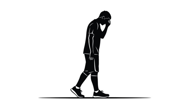 Sad athlete silhouette walking slowly with his hand covering his face while feeling defeated after losing a sports game during this high contrast minimalist graphic style digital art stock photograph.