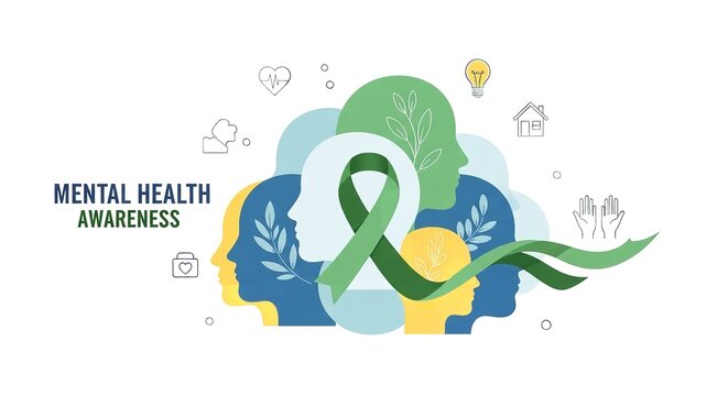 Mental Health Awareness Ribbon with Earth Globe and Hands in Supportive Gesture