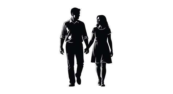 Elegant silhouette of a man and woman walking together while holding hands in a romantic gesture captured in this artistic black and white image showing a couple in deep love