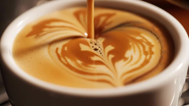 Macro view of fresh hot espresso pouring into a white ceramic cup, showing the golden brown crema forming swirl patterns on the surface of the coffee during extraction.