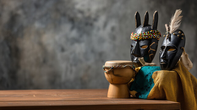 Vibrant Festima masks and drum on wooden table indoors