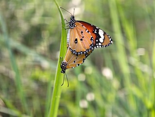 Mating Pair of Plain Tiger Butterflies Copulating on Green Grass Blade Macro © Mohammed
