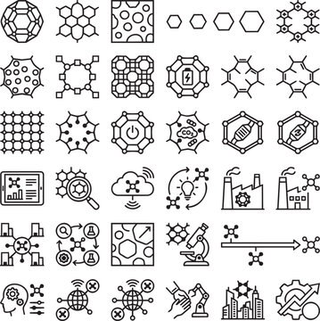 Covalent Organic Frameworks (COFs) Line Icons Set &ndash; 30 Minimal Black Outline Vector Icons for Molecular Materials, Gas Storage Systems & Tunable Porous Catalysis Structures