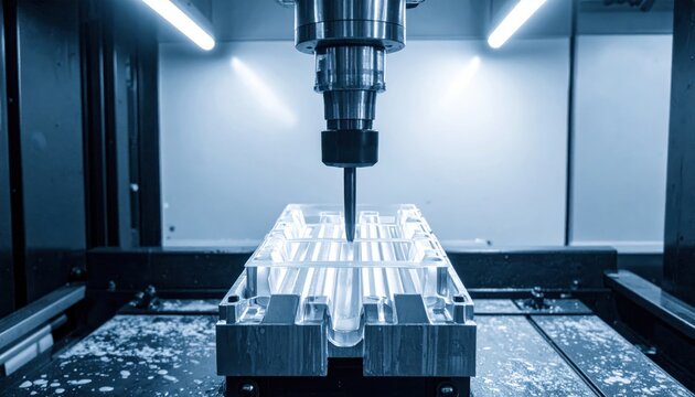 Industrial Precision Engineering, Translucent Resin Material Deposited By High Accuracy Nozzle Into Metal Mold For Advanced Prototyping And Additive Manufacturing Process In Modern Factory Setting.