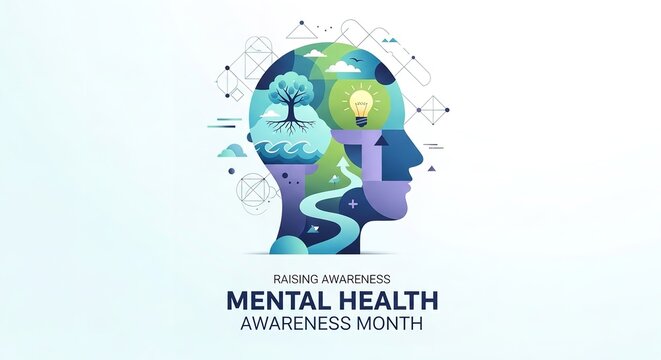 Human head silhouette with global map and nature elements representing mental health awareness