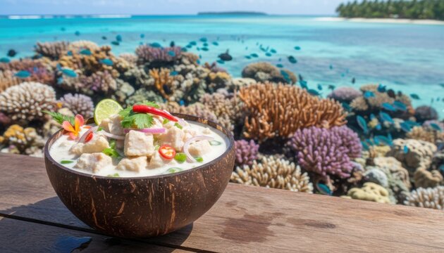 Traditional Tahitian poisson cru raw fish salad served in coconut bowl with tropical coral reef and turquoise ocean background