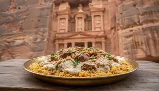 Traditional Jordanian mansaf dish with lamb rice and pine nuts served on brass platter at ancient archaeological site of Petra