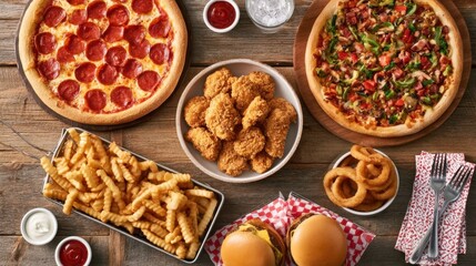 Fototapeta premium Aerial view of pepperoni pizza, veggie pizza with green bell pepper and tomato, crispy fried chicken, golden french fries, onion rings, and two cheeseburger sandwiches
