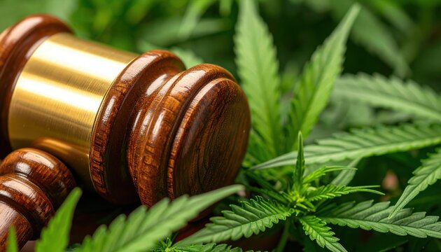 Wooden judge gavel resting among green cannabis leaves showing legal regulation and marijuana policy debate concept